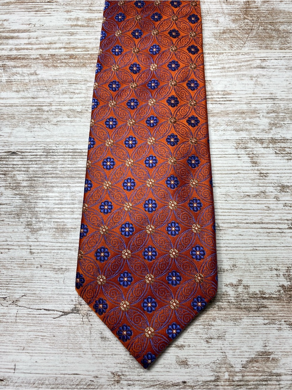 Contissima Vintage Silk Tie Orange Copper Blue Floral Paisley Italian Design 58”